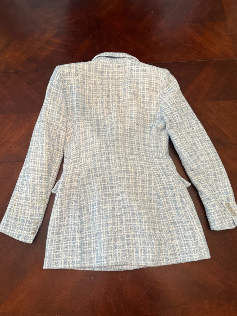 Zara Light Blue and Cream Tweed Double-Breasted Blazer